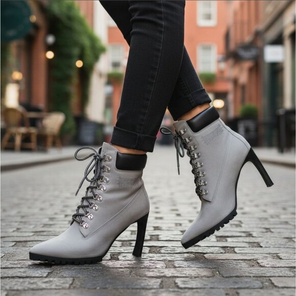 Darker Wavs ✦ Grey Suede Heeled Lace-Up Boots ✦ Charcoal Accents 4" Heel 8 NWT - Picture 7 of 16